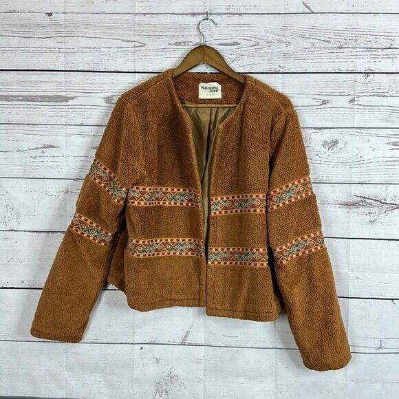 Savanna Jane Jacket Womens Large Brown Embroidered Fuzzy Sherpa Southwestern - Picture 1 of 12